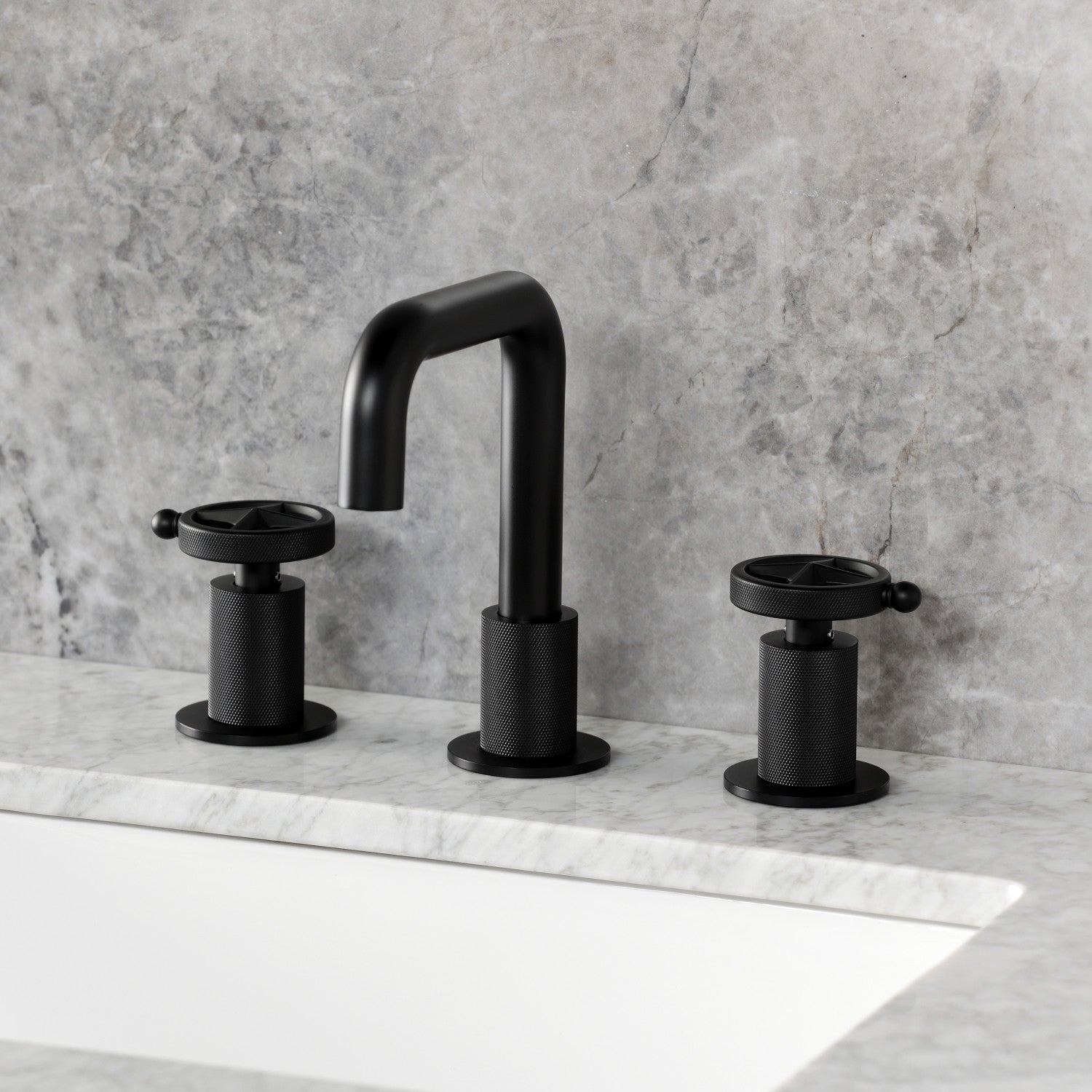 Kingston Sona KS1410RNK - Levante Two-Handle 3-Hole Deck Mount Widespread Bathroom Faucet with Push Pop-Up Drain, Matte Black — thumbnail 2